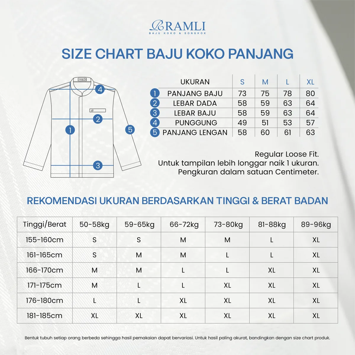 SIZE CHART BAJU KOKO PANJANG